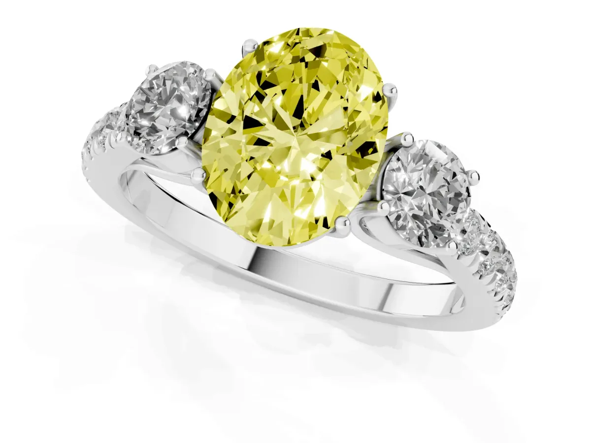 Fancy Yellow Oval Cut Cut Diamond Three-Stone Ring with Round Side Stones and Pavé Band Silver