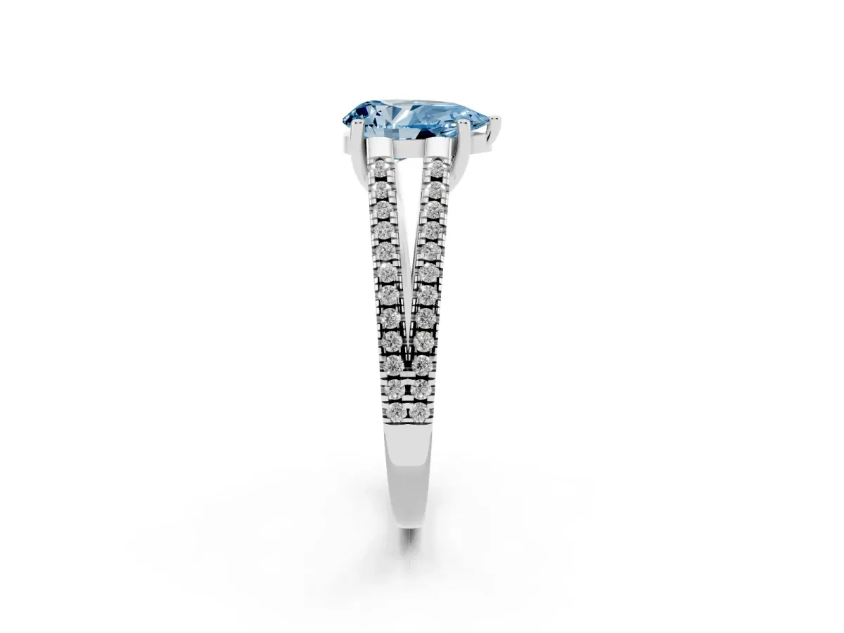 Fancy Blue Pear Cut Diamond Solitaire Engagement Ring with Split Shank Pavé Band Platinum