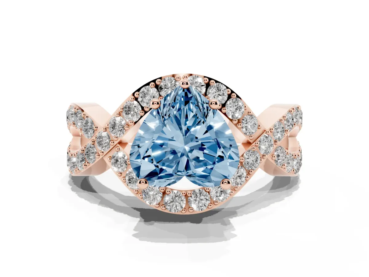Fancy Blue Heart Cut Solitaire Twist Band Pavé Diamond Engagement Ring Rose gold