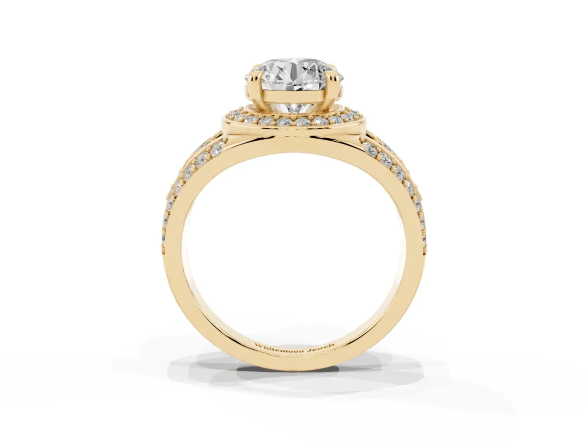 Round Cut Diamond Halo Ring with Split Shank and Bezel Accents and Four-Prong Setting Yellow gold