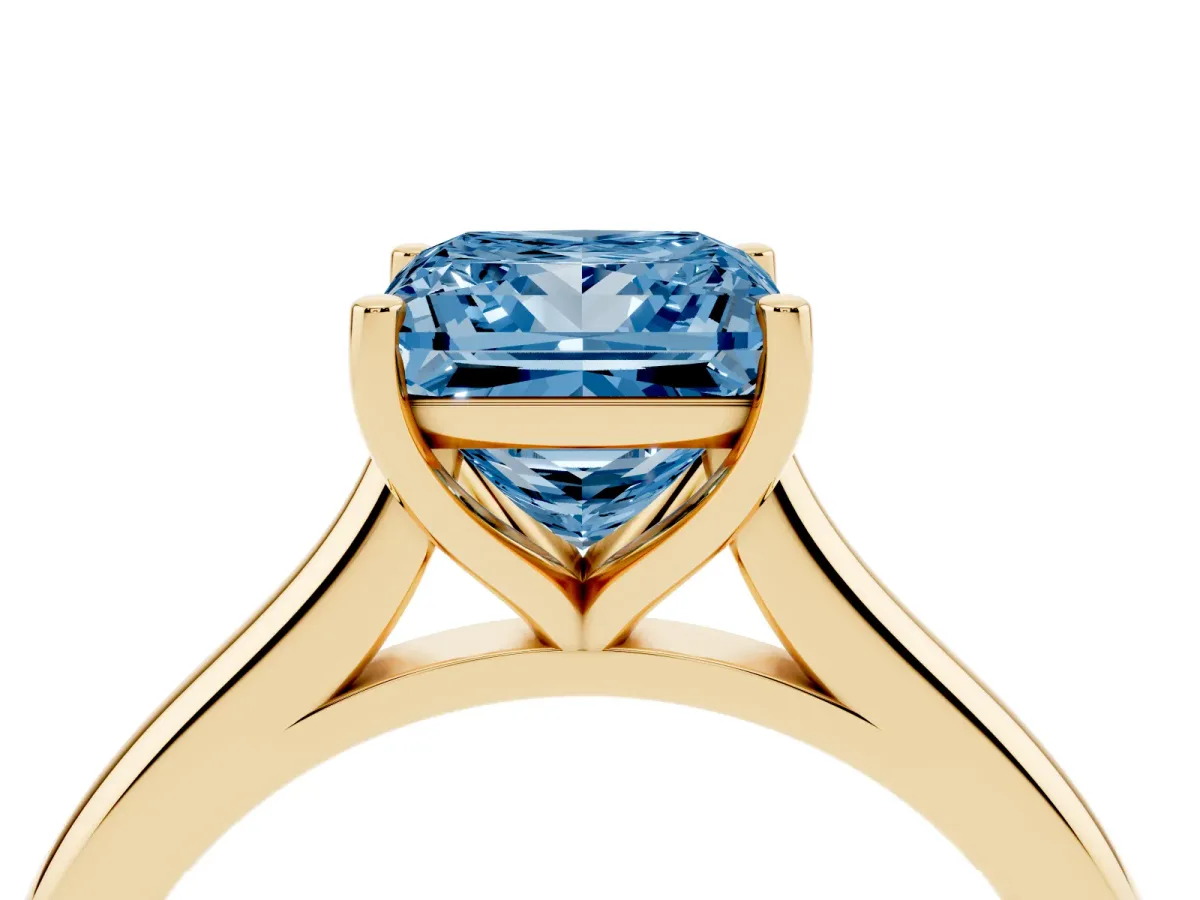 Fancy Blue Princess Cut Cut Solitaire Ring with Cathedral Band and Four-Prong Setting Yellow gold