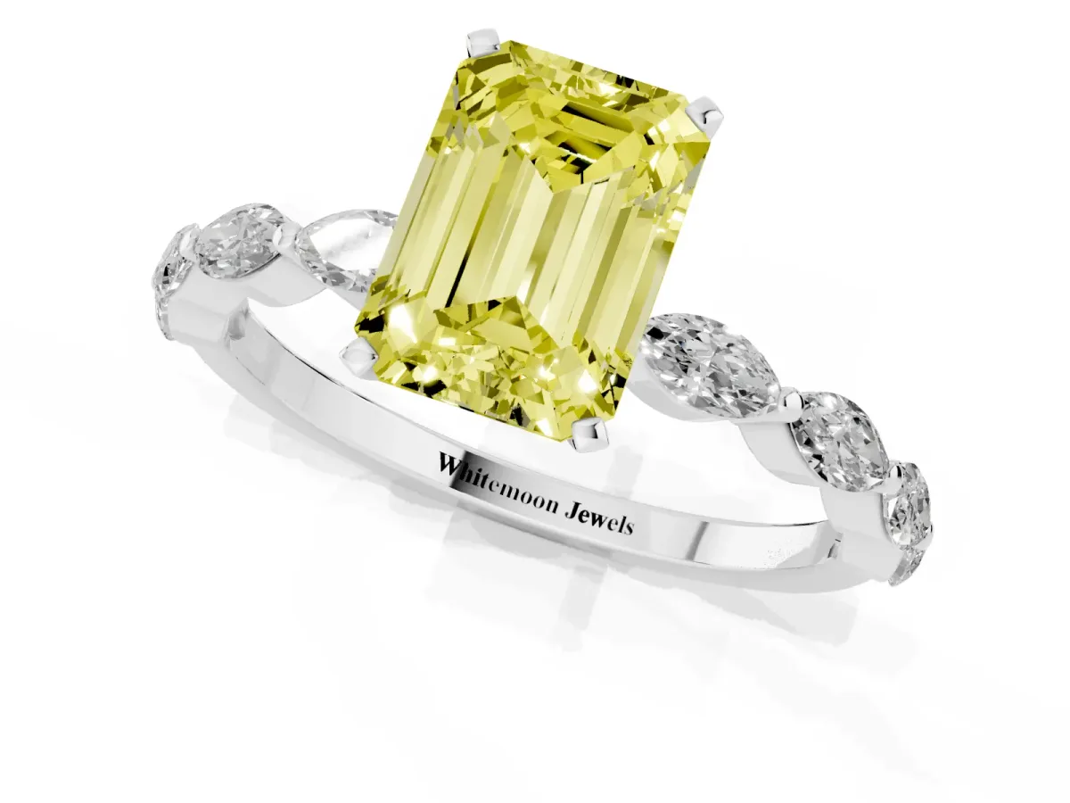 Fancy Yellow Emerald Cut Diamond Ring with Marquise Side Stones and Prong Setting Silver