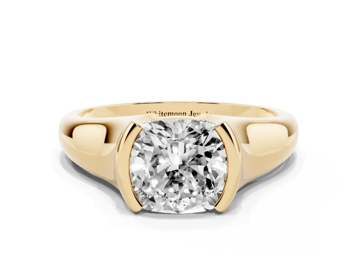Cushion Cut Solitaire Tension Set Diamond Ring with Split Shank Band Yellow gold