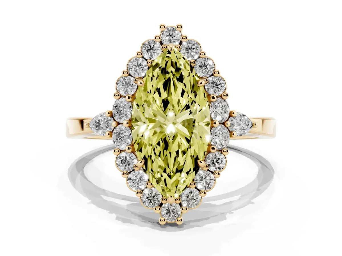 Fancy Yellow Marquise Cut Diamond Halo Ring with Pear Side Stones and Prong Setting Yellow gold