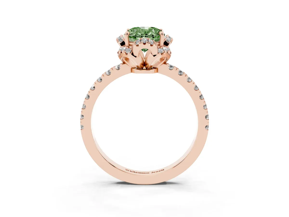 Fancy Green Oval Cut Halo Diamond Pave Band Ring with Four-Prong Setting Rose gold