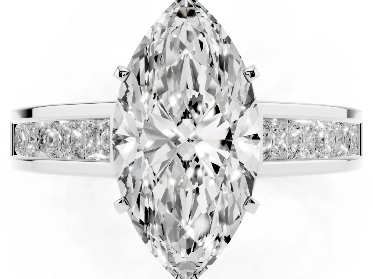 Marquise Cut Solitaire Diamond Ring with Channel-Set Band and Four-Prong Setting Silver