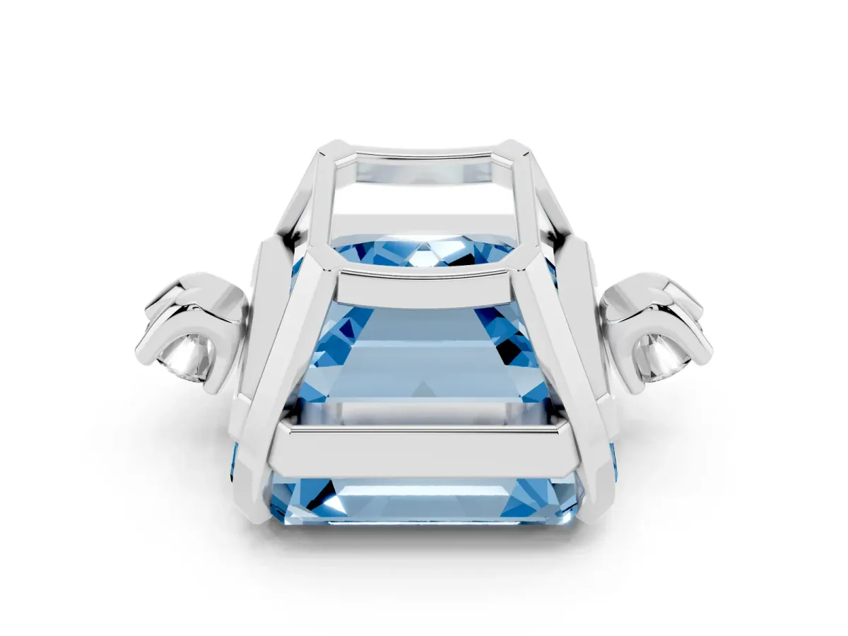 Fancy Blue Asscher Cut Cut Three-Stone Solitaire Ring with Round Accent Diamonds and Four-Prong Setting Silver