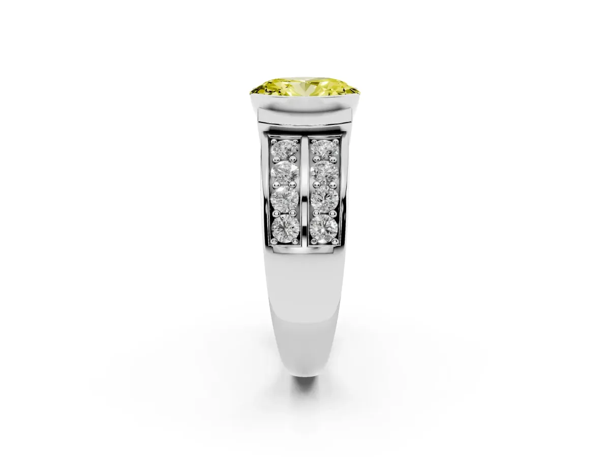 Fancy Yellow Oval Cut Brilliant Diamond Channel Set Wide Band Ring with Bezel Setting Platinum