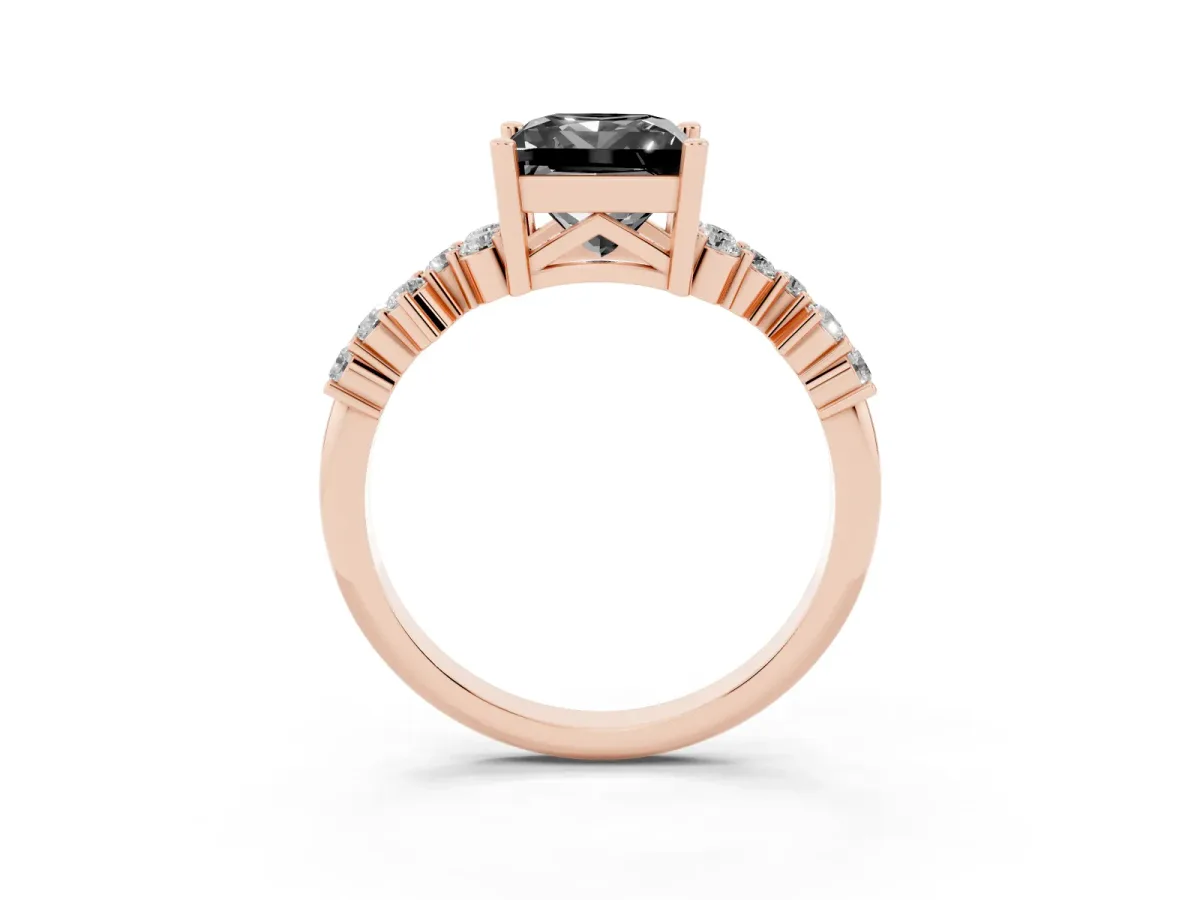 Fancy Black Princess Cut Diamond Scattered Round Accent Ring with Prong Setting Rose gold