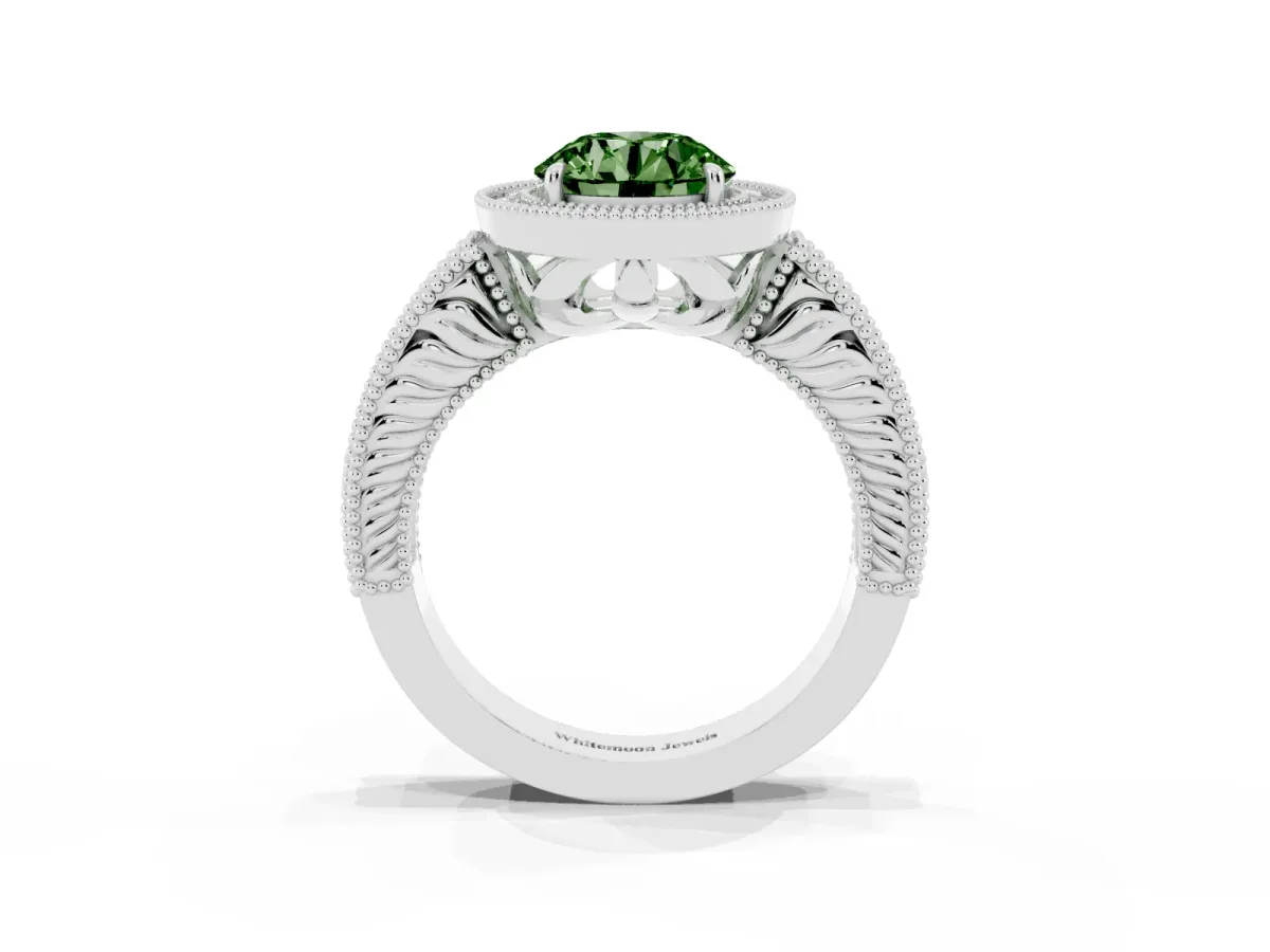 Fancy Green Round Cut Cut Halo Diamond Ring with Pavé Band and Four-Prong Setting Platinum