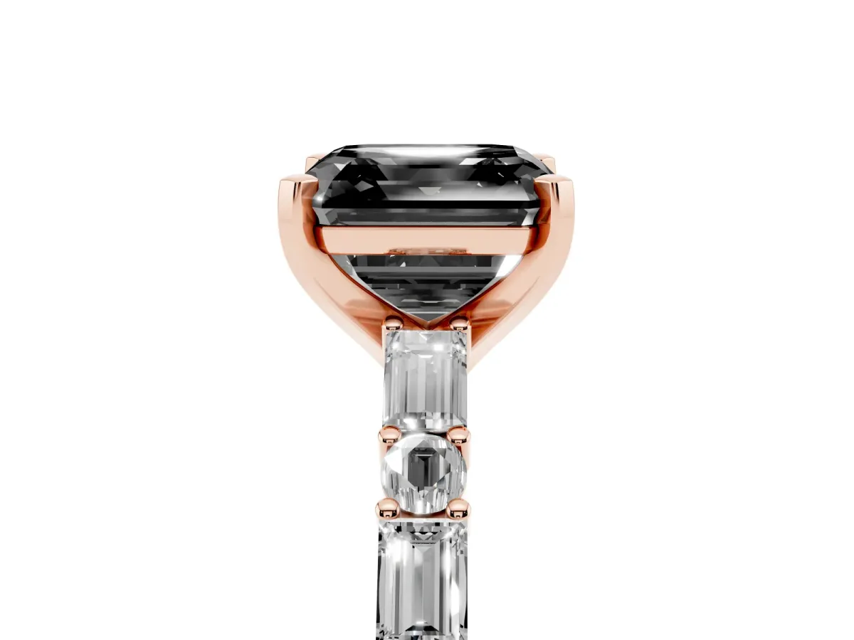 Fancy Black Asscher Cut Diamond Solitaire with Side Baguettes and Channel Set Band Rose gold
