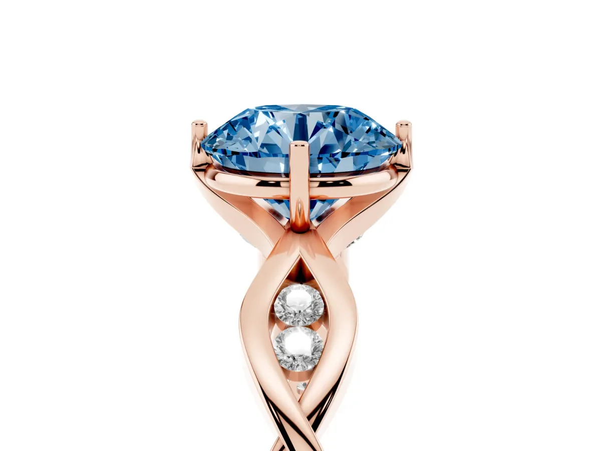 Fancy Blue Round Cut Solitaire Twist Band with Leaf Prong Setting Rose gold