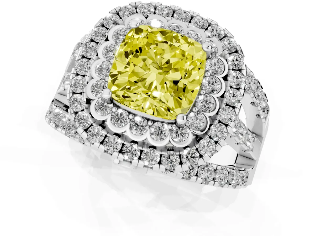 Fancy Yellow Cushion Cut Diamond Double Halo Ring with Round Pavé Split Shank and Prong Setting Silver