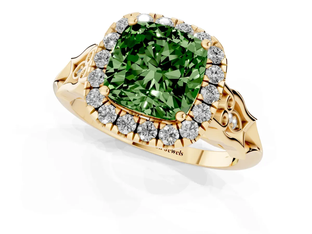 Fancy Green Cushion Cut Halo Diamond Engagement Ring with Filigree Band and Four-Prong Setting Yellow gold