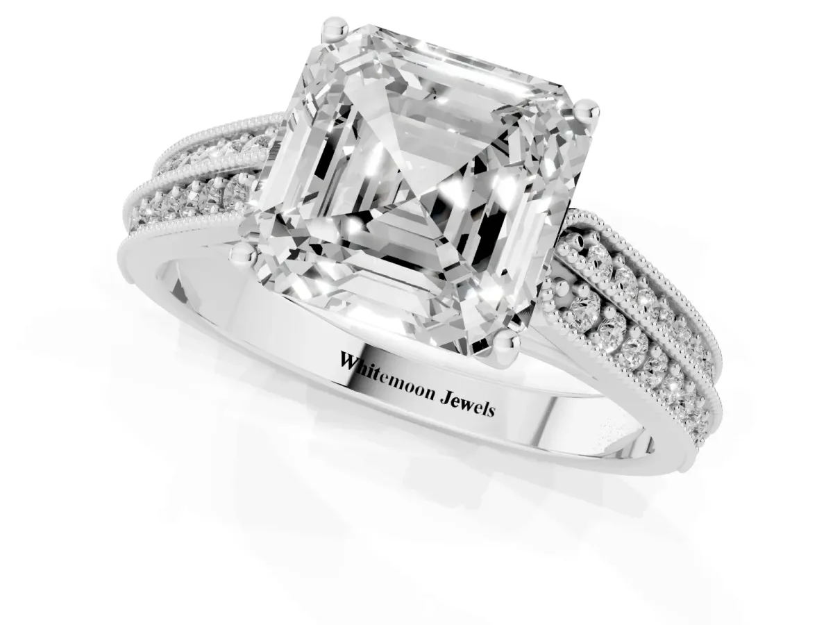 Asscher Cut Cut Pave Split Shank Engagement Ring with Four-Prong Setting Platinum