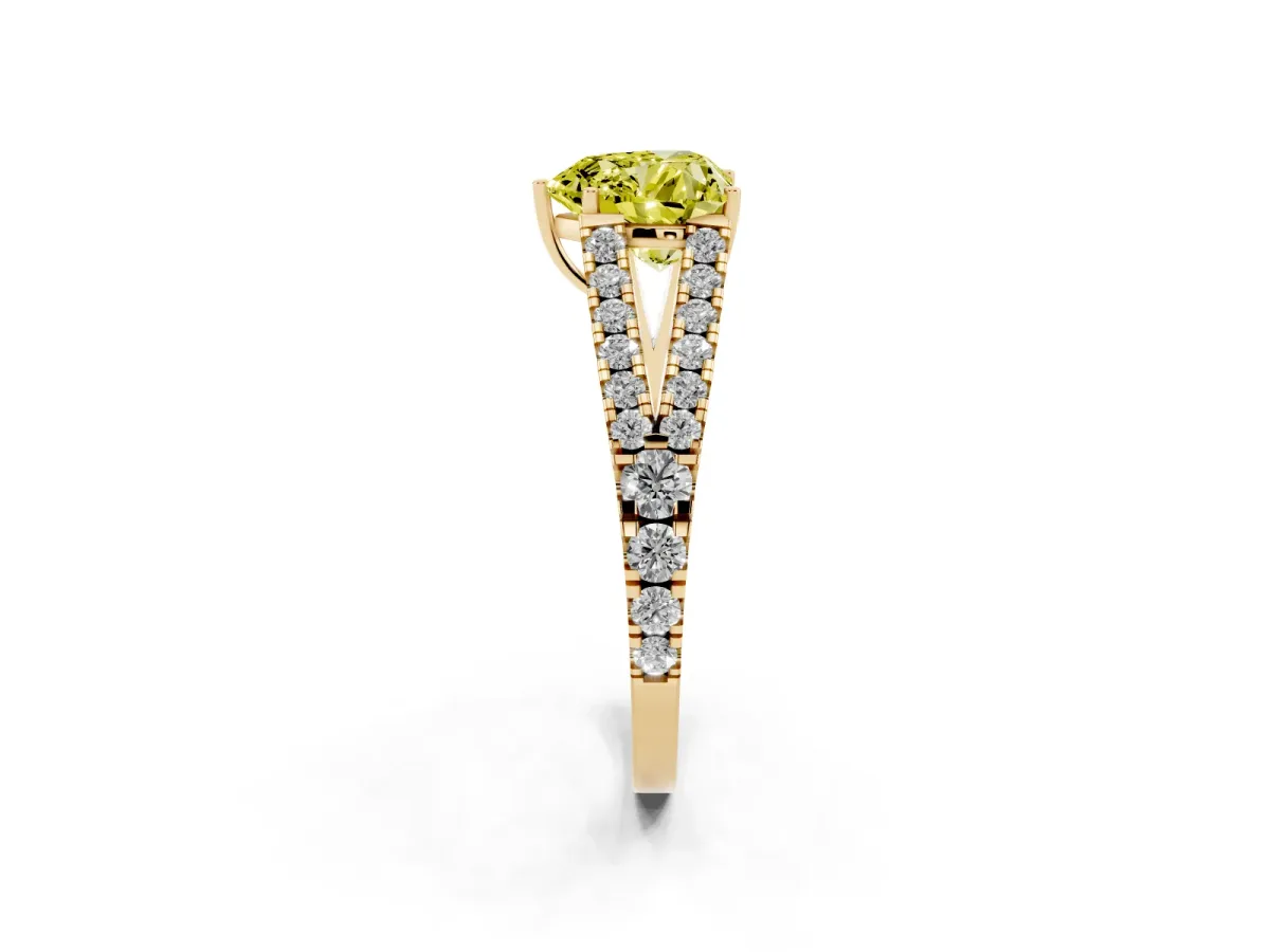 Fancy Yellow Heart Cut Diamond Split Shank Engagement Ring with Round Pavé and Prong Setting Yellow gold