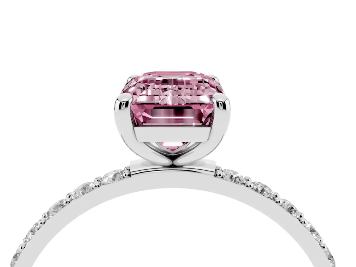Fancy Pink Emerald Cut Diamond Solitaire Ring with Round Pavé Band and Prong Setting Silver