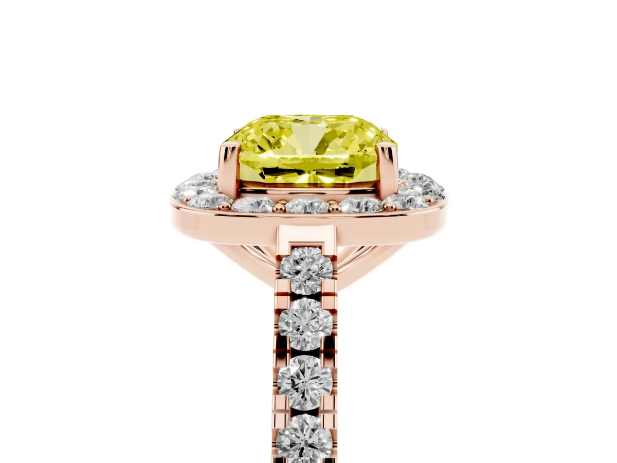 Fancy Yellow Cushion Cut Diamond Halo Ring with Round Pavé Split Shank and Prong Setting Rose gold
