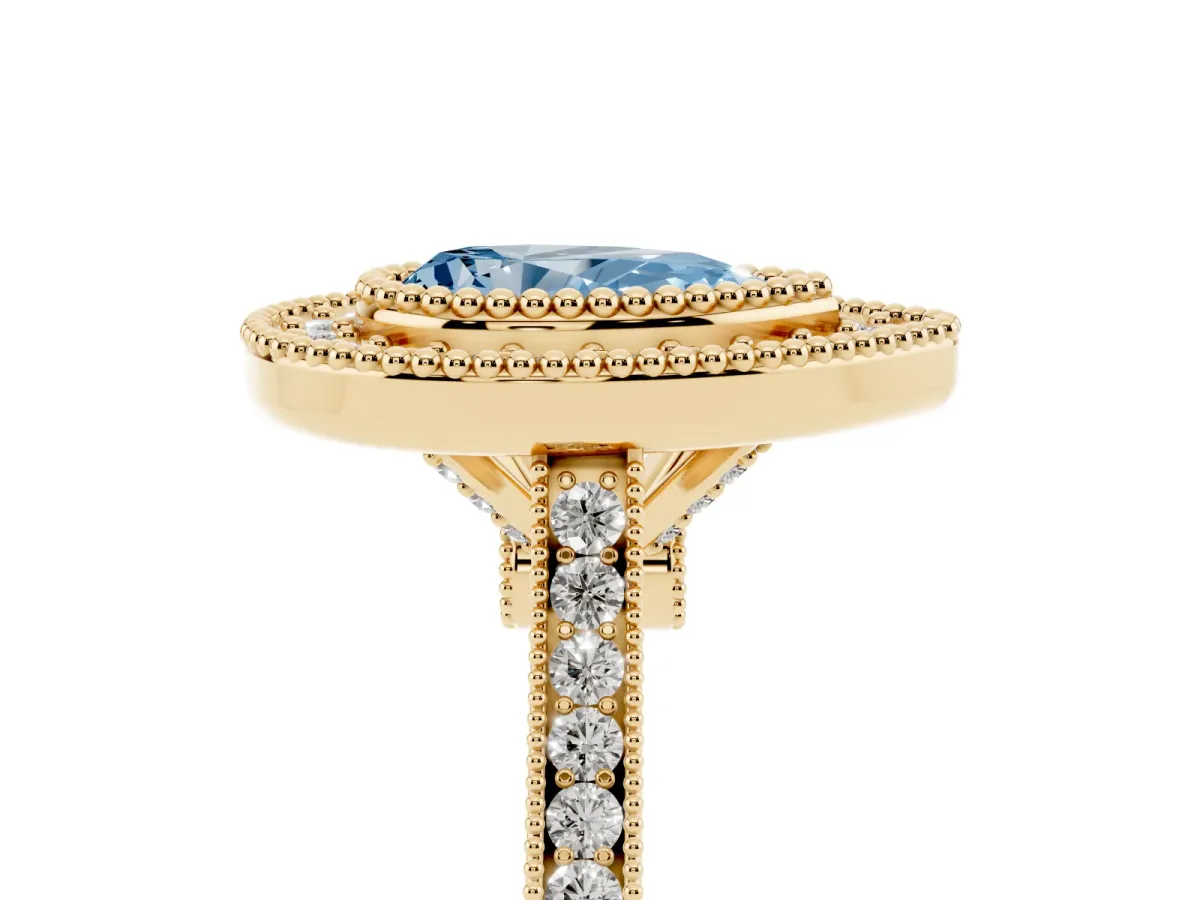 Fancy Blue Pear Cut Diamond Halo Ring with Milgrain Frame and Pavé Band Yellow gold