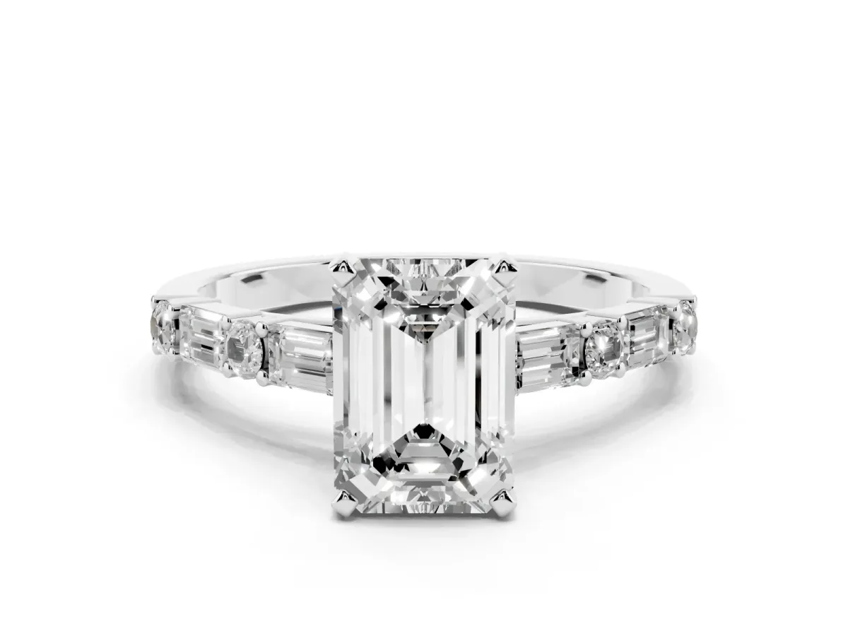 Emerald Cut Diamond Solitaire with Side Baguettes and Channel Set Band Silver