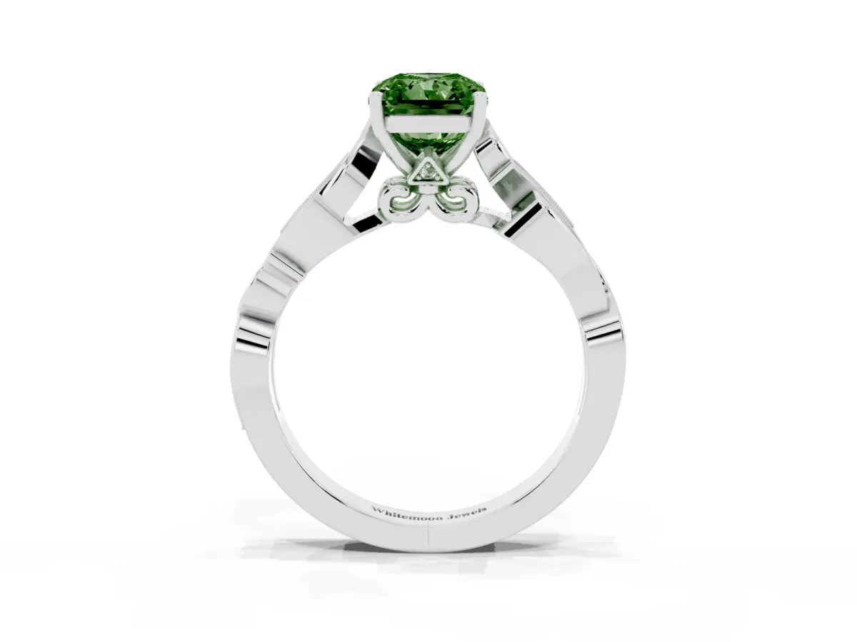 Fancy Green Radiant Cut Solitaire Vine Band with Milgrain Prong Setting Silver