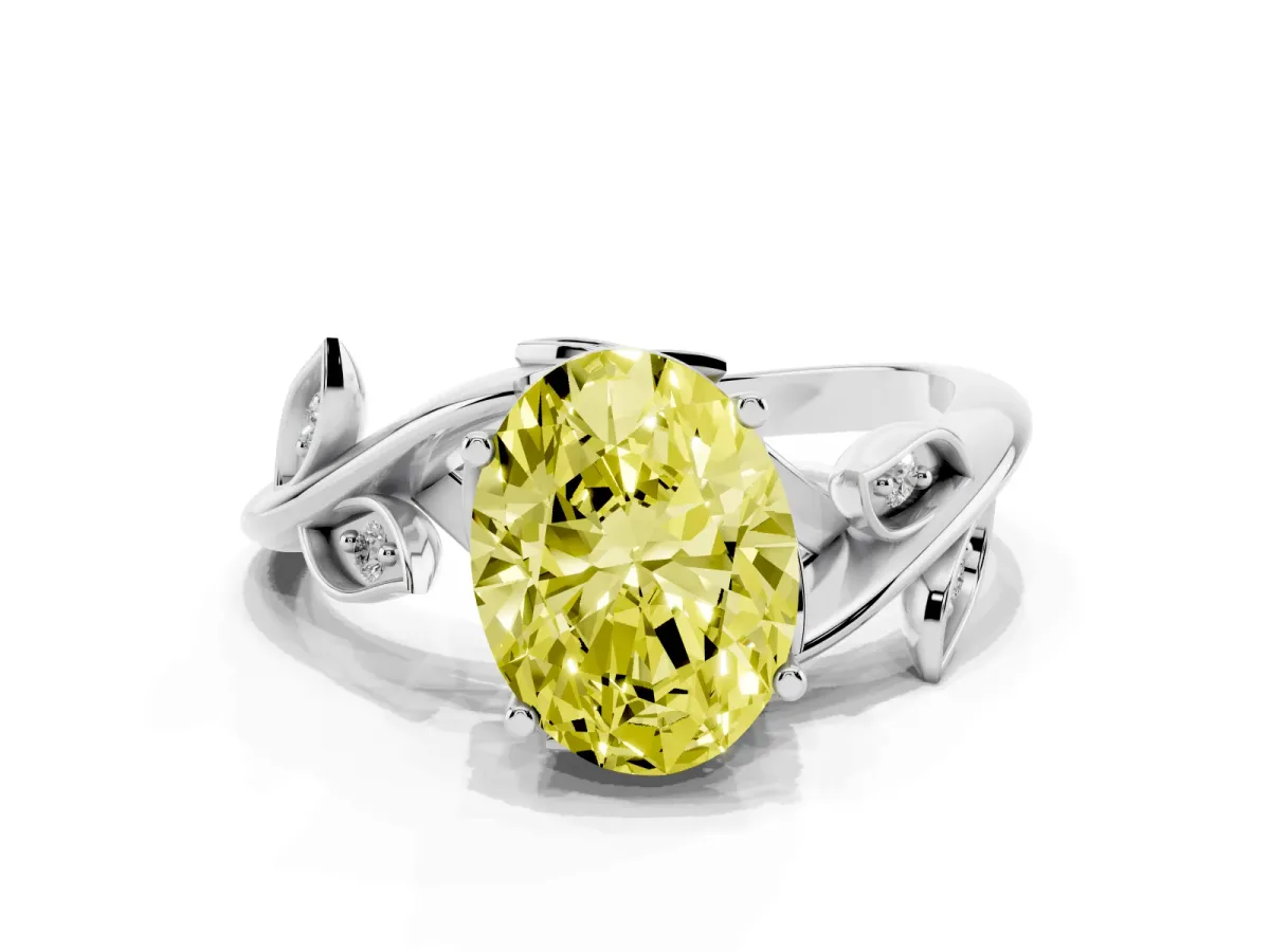 Fancy Yellow Oval Cut Solitaire Twist Engagement Ring with Leaf Accents and Prong Setting Silver