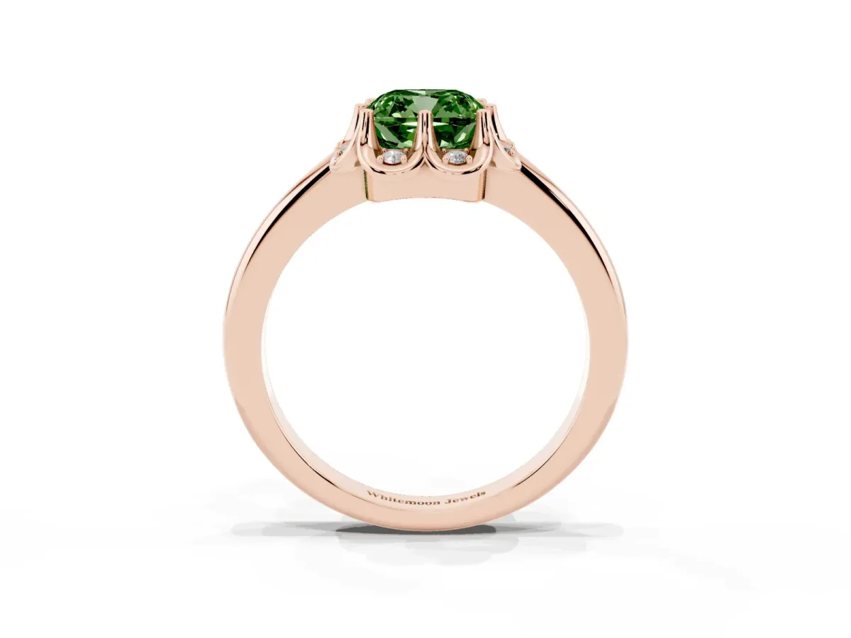 Fancy Green Cushion Cut Halo Diamond Ring with Round Cluster Setting, Solitaire Band, and Four-Prong Setting Rose gold