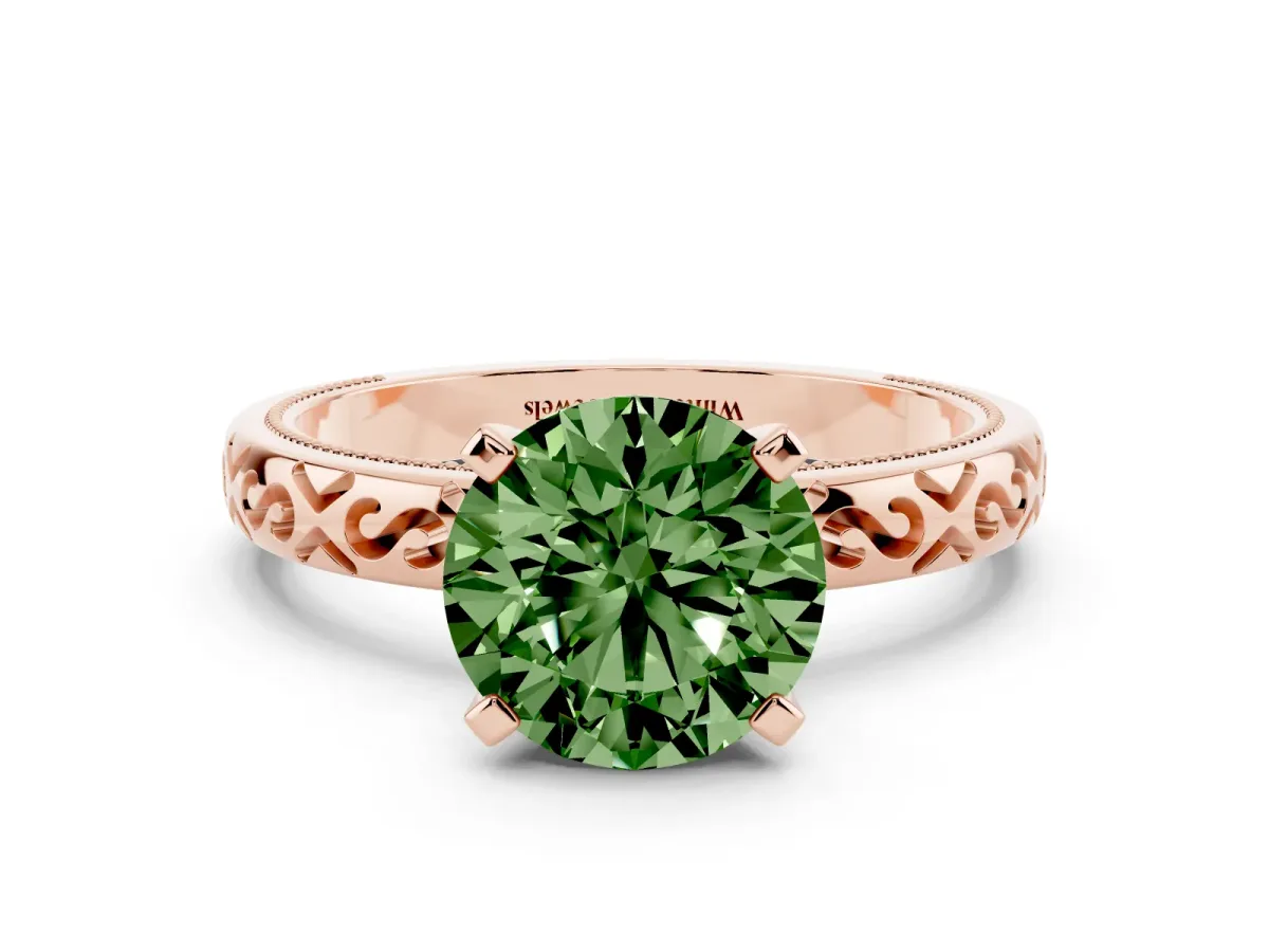 Fancy Green Round Cut Solitaire Engagement Ring with Scrollwork Band and Four-Prong Setting Rose gold