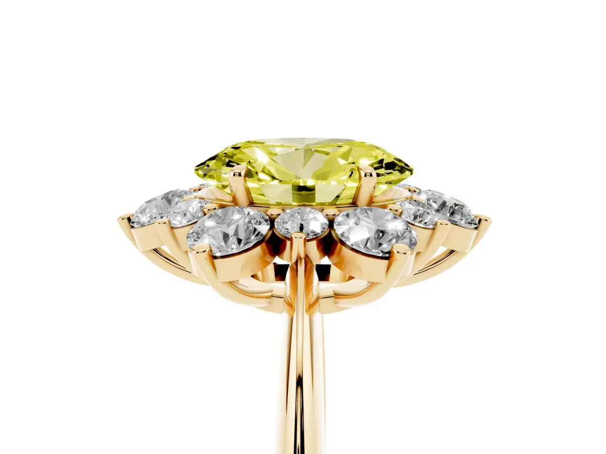 Fancy Yellow Oval Cut Diamond Cluster Halo Ring with Solitaire Band and Four-Prong Setting Yellow gold