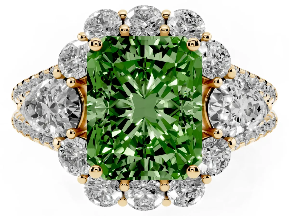 Fancy Green Radiant Cut Halo Split Shank Diamond Engagement Ring with Prong Setting Yellow gold