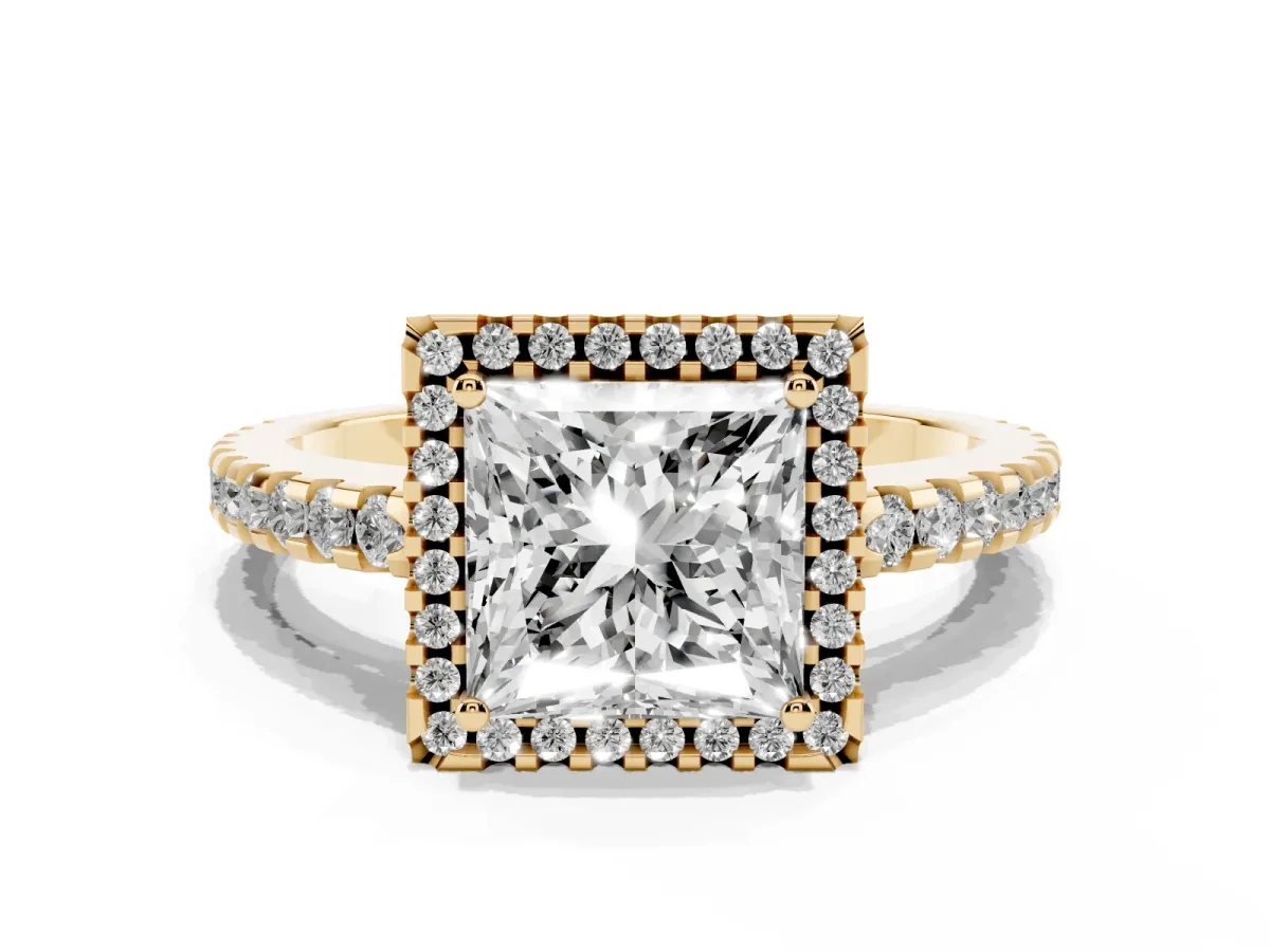 Princess Cut Diamond Halo Engagement Ring with Pavé Band and Prong Setting Yellow gold
