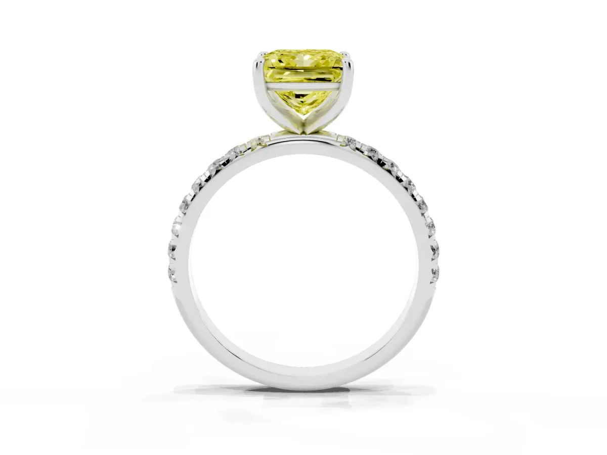 Fancy Yellow Princess Cut Cut Diamond Solitaire Ring with Micro Pave Band and Four Prong Setting Silver