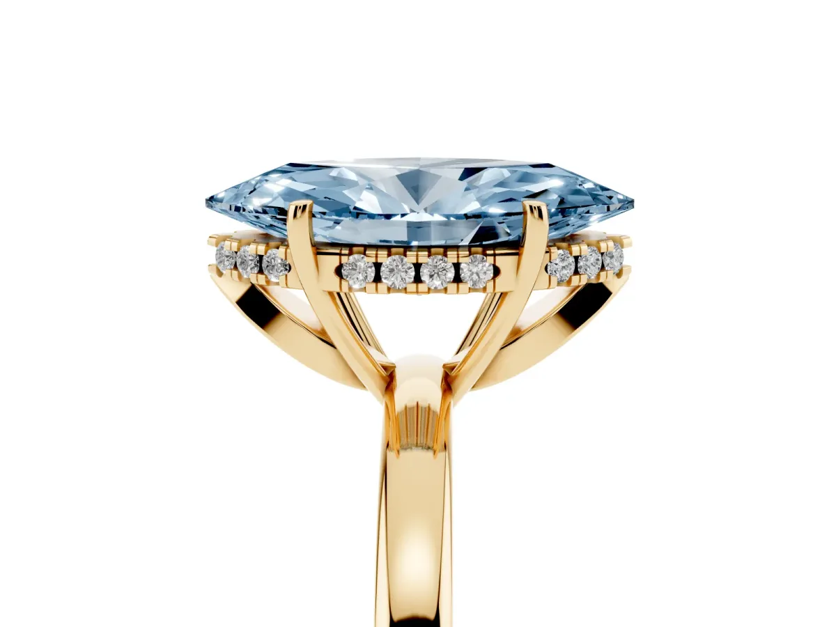 Fancy Blue Marquise Cut Solitaire Diamond Ring with Prong Setting and Plain Band Yellow gold