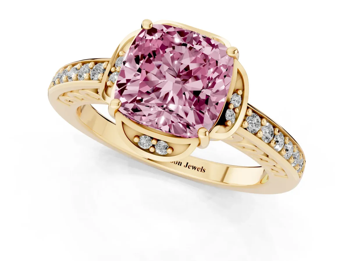 Fancy Pink Cushion Cut Cut Halo Diamond Ring with Channel Set Band and Four-Prong Setting Yellow gold