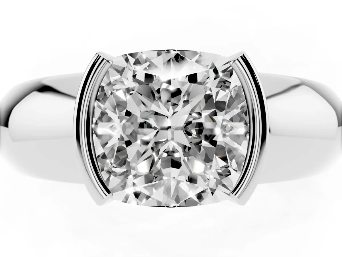 Cushion Cut Solitaire Tension Set Diamond Ring with Wide Band Platinum