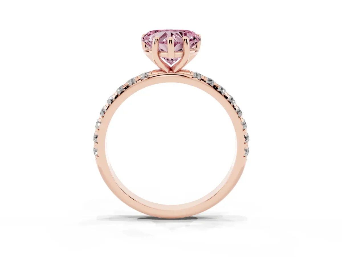 Fancy Pink Heart Cut Cut Diamond Solitaire Ring with Micro Pave Band and Four Prong Setting Rose gold