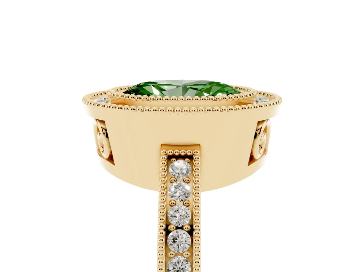 Fancy Green Oval Cut Cut Halo Diamond Ring with Pavé Band and Milgrain Prong Setting Yellow gold