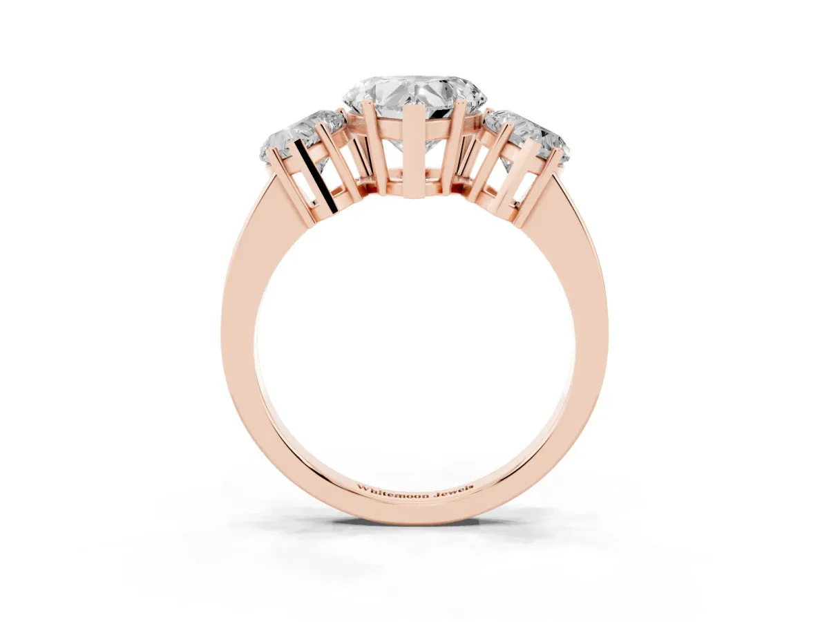 Three-Stone Heart Cut Cut Diamond Engagement Ring with Flat Band and Four-Prong Setting Rose gold