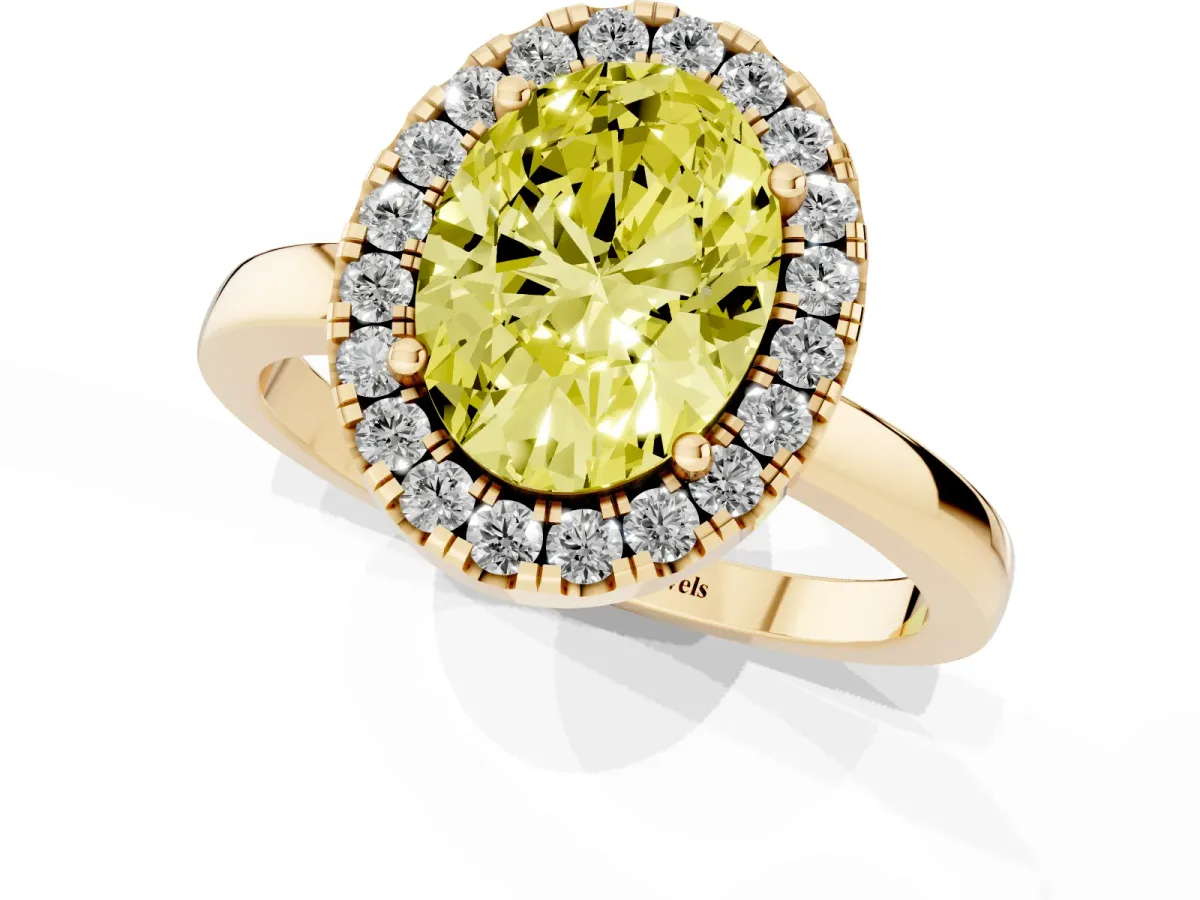 Fancy Yellow Oval Cut Halo Diamond Solitaire with Pavé Band and Four-Prong Setting Yellow gold