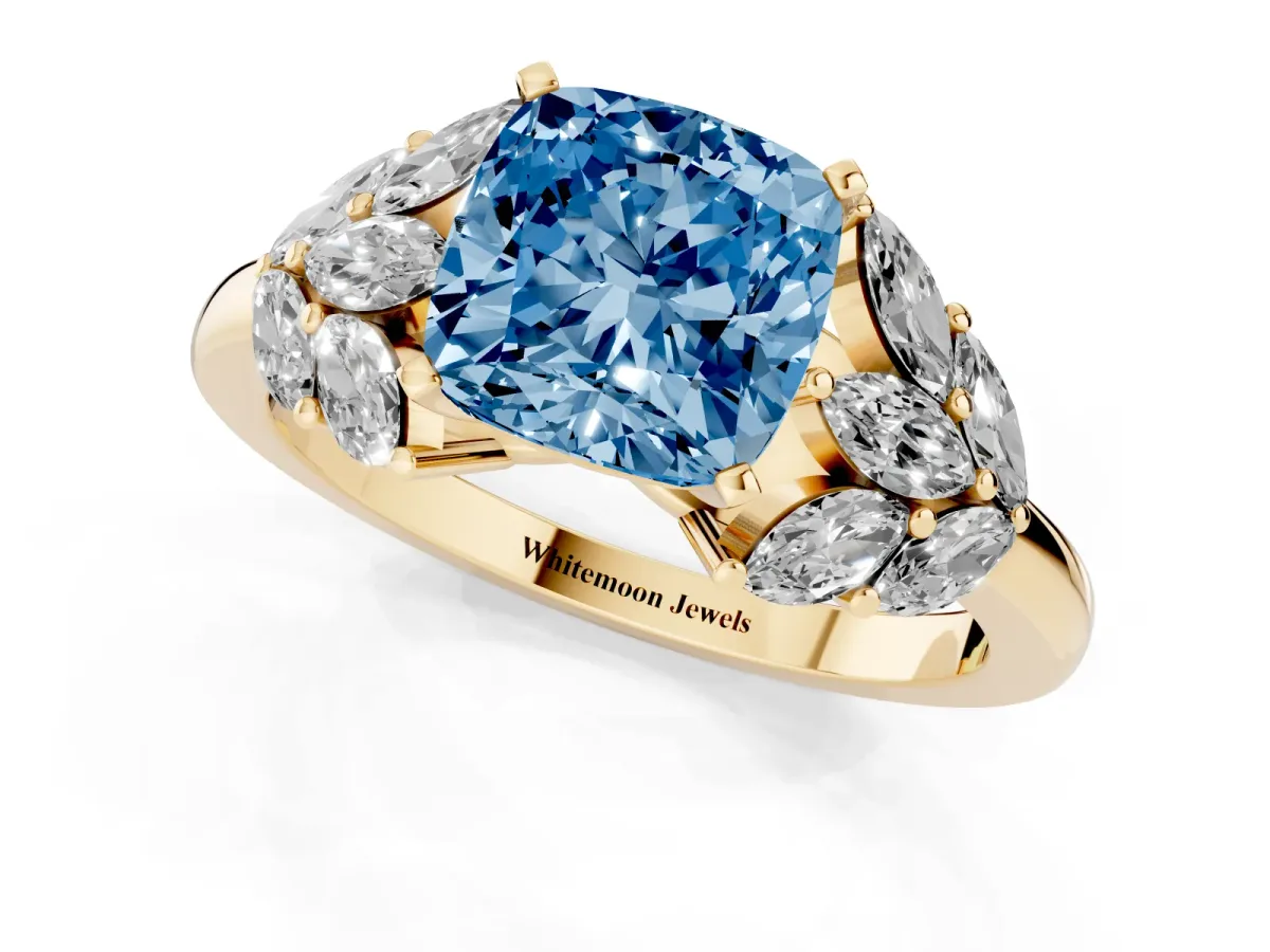 Fancy Blue Cushion Cut Diamond Cluster Leaf Design Ring with Prong Setting Yellow gold