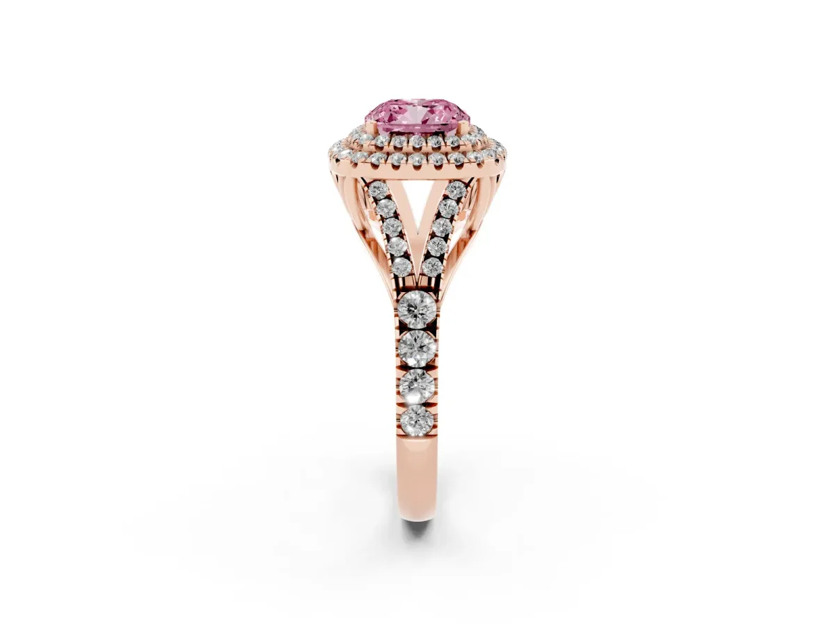 Fancy Pink Cushion Cut Diamond Pavé Split Shank Double Halo Engagement Ring Rose gold