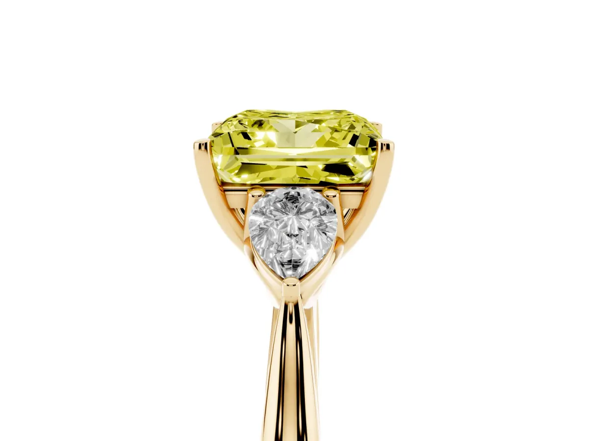 Fancy Yellow Princess Cut Diamond Three-Stone Ring with Pear Side Stones and Prong Setting Yellow gold