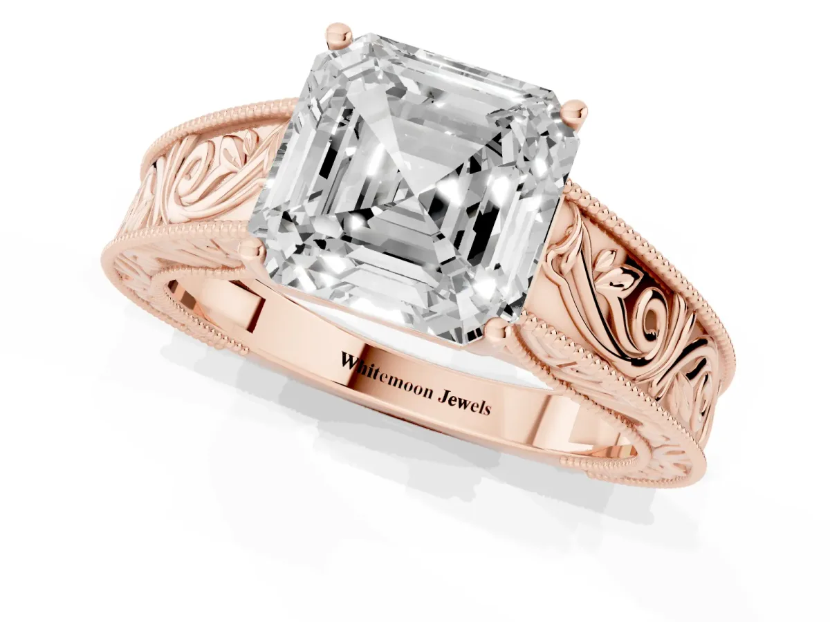 Asscher Cut Diamond Solitaire Ring with Engraved Band and Four-Prong Setting Rose gold