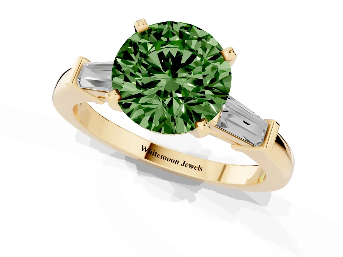 Fancy Green Round Cut Cut Diamond Solitaire Ring with Tapered Baguette Accents and Four-Prong Setting Yellow gold