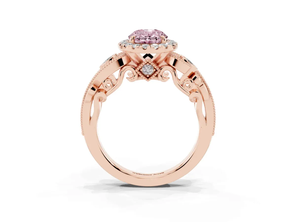 Fancy Pink Oval Cut Halo Diamond Ring with Milgrain and Bezel Accents on a Split Shank Band Rose gold