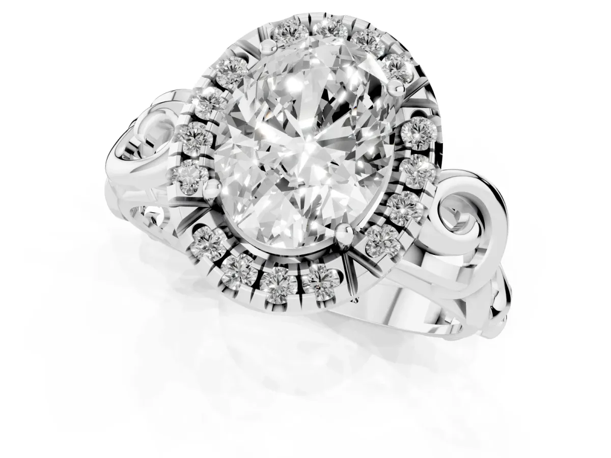 Oval Cut Cut Halo Diamond Ring with Scrollwork Band and Four-Prong Setting Silver