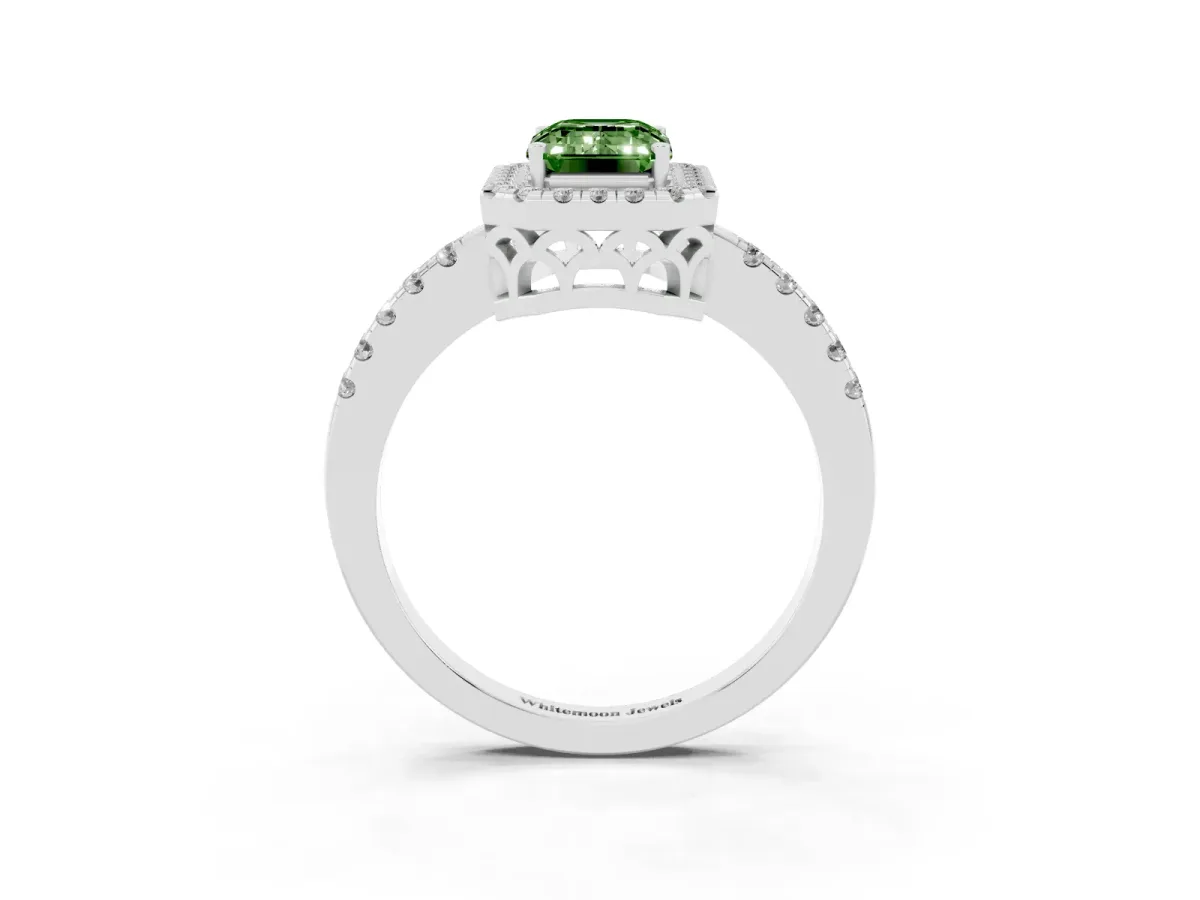 Fancy Green Emerald Cut Halo Diamond Engagement Ring with Pavé Band and Four-Prong Setting Silver