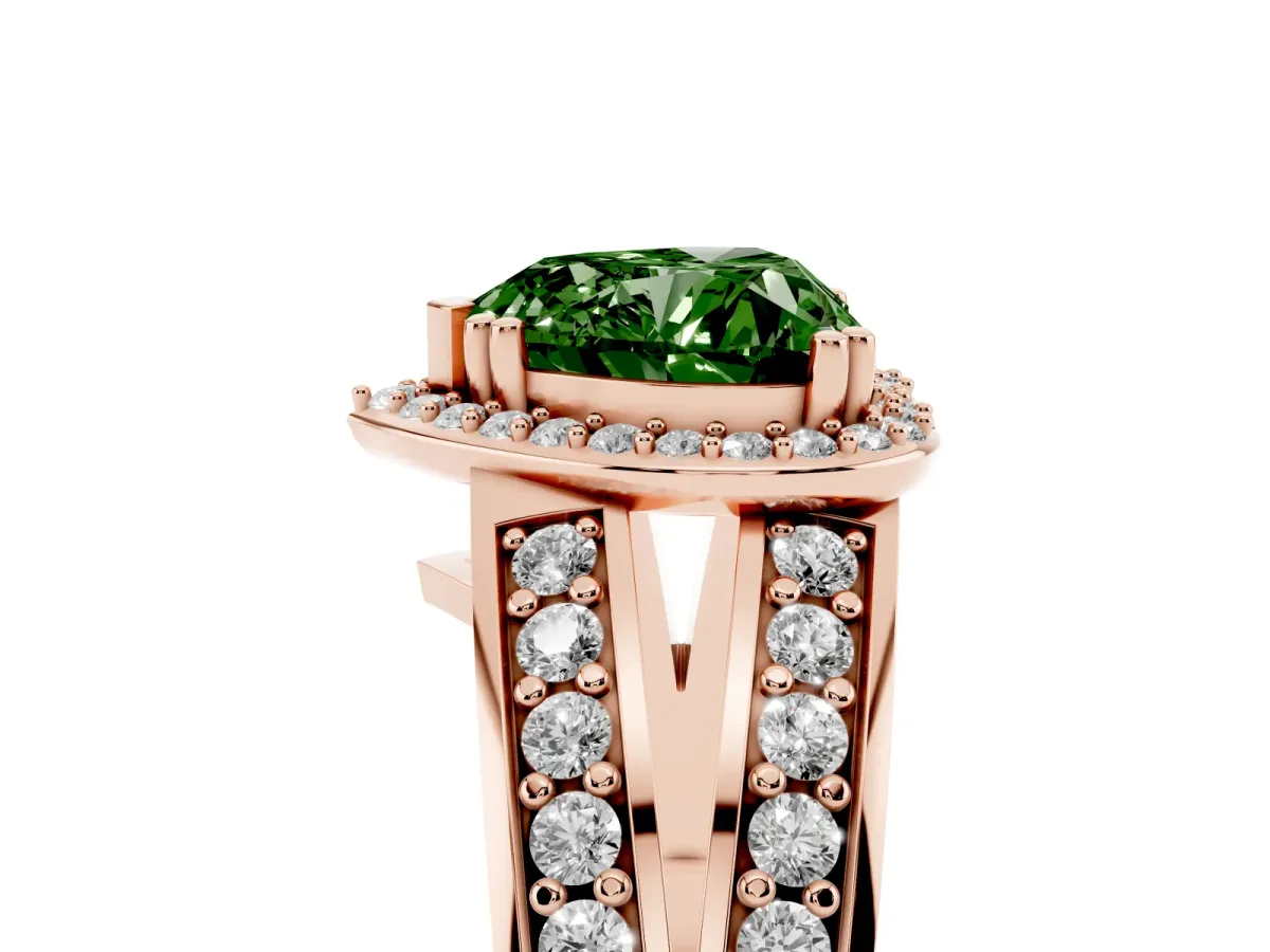 Fancy Green Heart Cut Diamond Halo Ring with Split Shank Pavé Band and Four-Prong Setting Rose gold