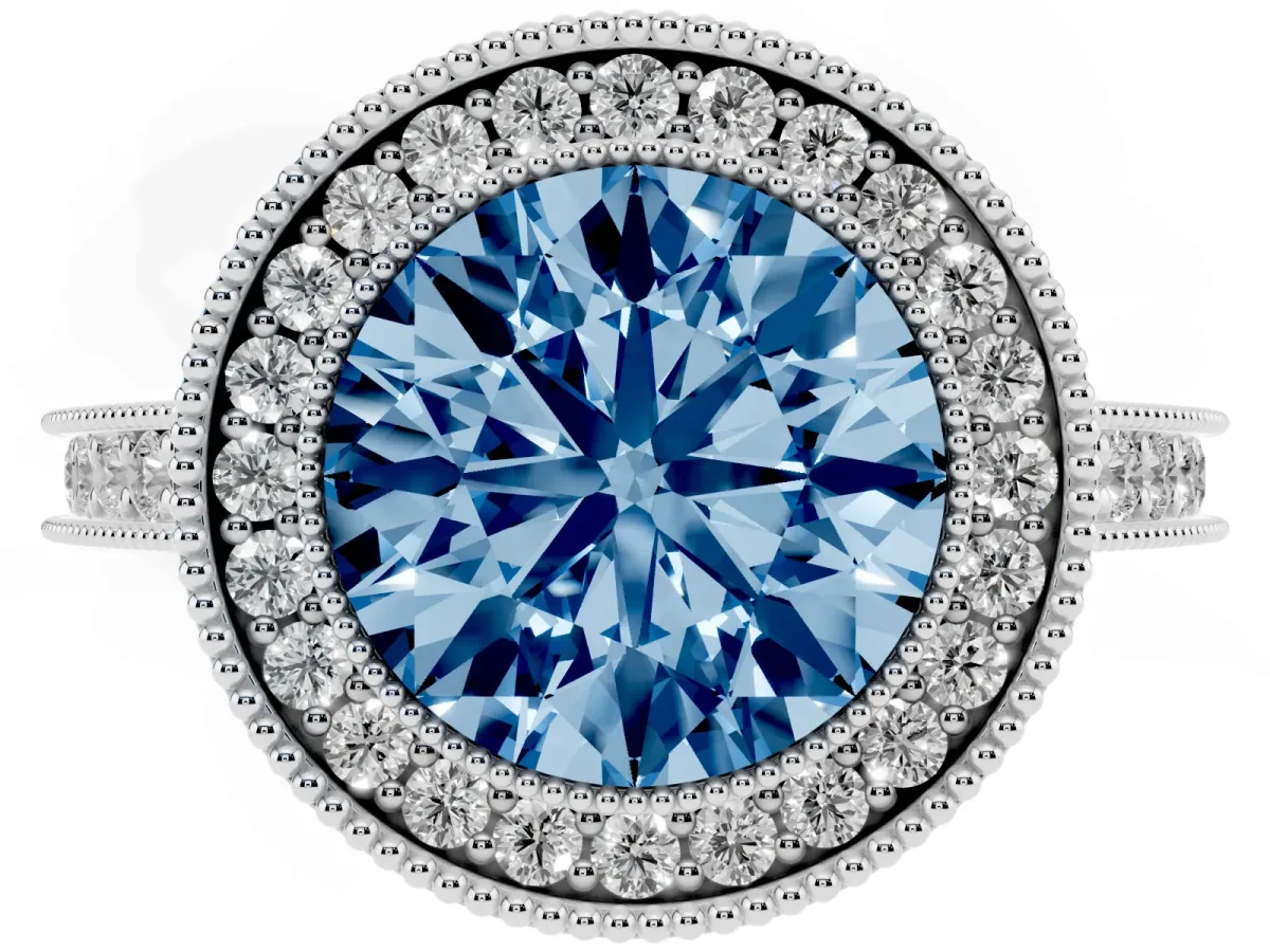 Fancy Blue Halo Round Cut-Cut Diamond Pave Band Milgrain Prong Setting Ring Silver