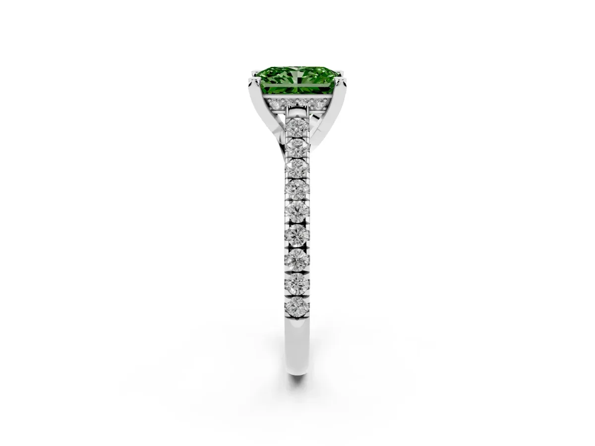 Fancy Green Radiant Cut Brilliant Diamond Solitaire with Pavé Band and Four-Prong Setting White gold